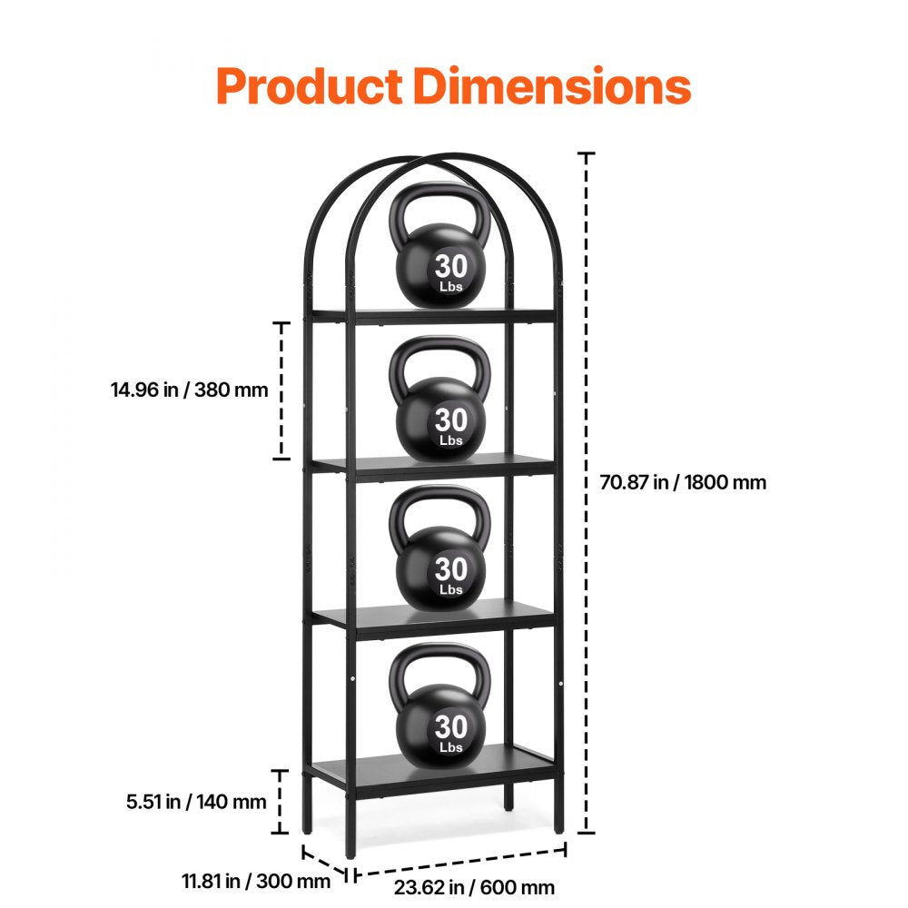 VEVOR Metal Bookshelf, 4-Tier Arched Industrial Bookshelf, Small Rustic Vintage Storage Bookcase with Open Shelves, Freestanding Display Shelving Unit Storage Rack, for Living room, Bedroom & Office