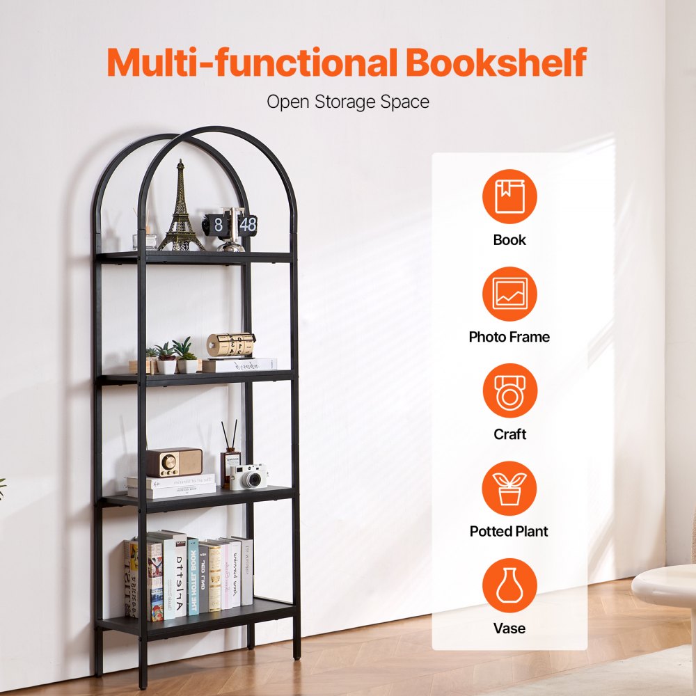 VEVOR Metal Bookshelf, 4-Tier Arched Industrial Bookshelf, Small Rustic Vintage Storage Bookcase with Open Shelves, Freestanding Display Shelving Unit Storage Rack, for Living room, Bedroom & Office
