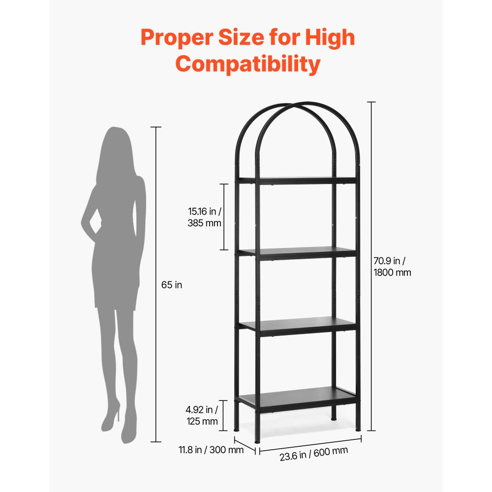 VEVOR Open Bookshelf, 4-Tier, Arched Bookcase Storage Shelves with Metal Frame, Industrial Metal Book Organizer, Freestanding Display Rack Tall Shelving Unit, for Office, Bedroom, Living Room, Black
