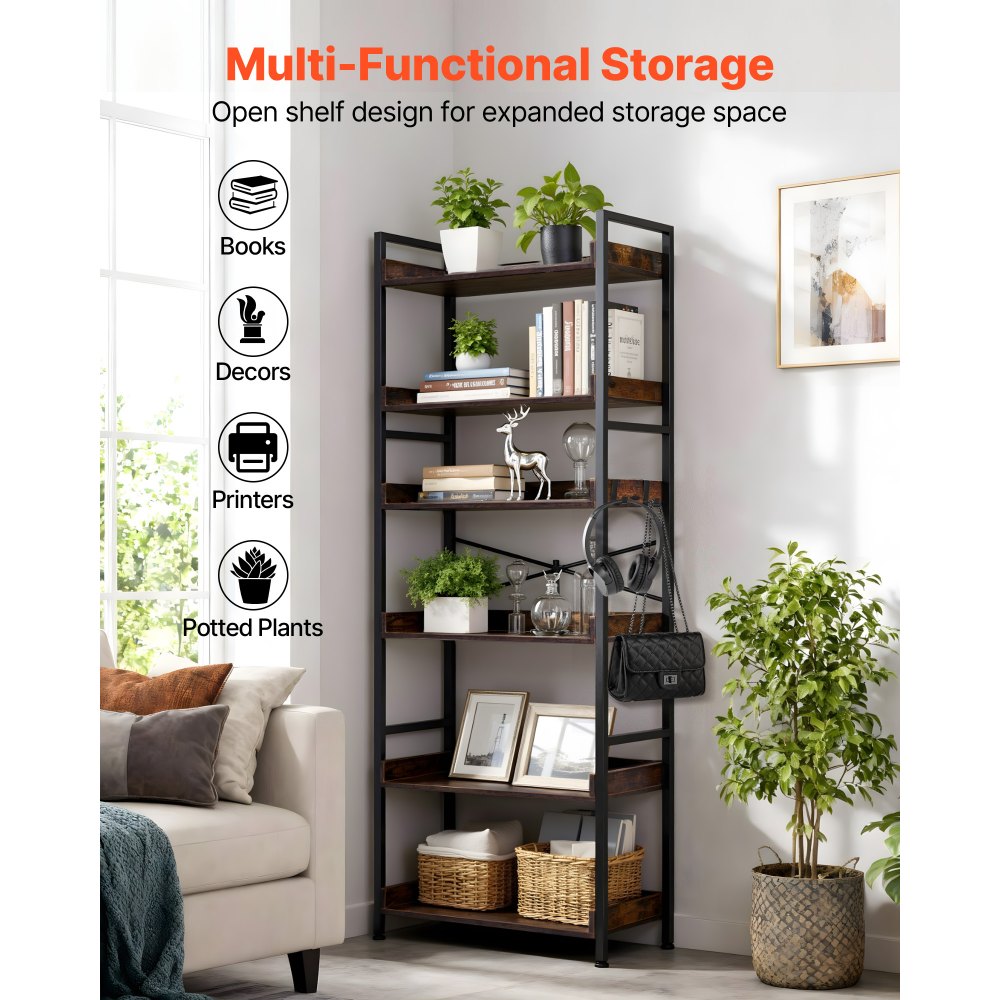 VEVOR Industrial Bookshelf, 6-Tier, Vintage Ladder Shelf Bookshelves and Bookcases, with Metal Frame, Book Organizer with Open Shelves, for Living Room, Bedroom, Kitchen, Home Office, Rustics Brown