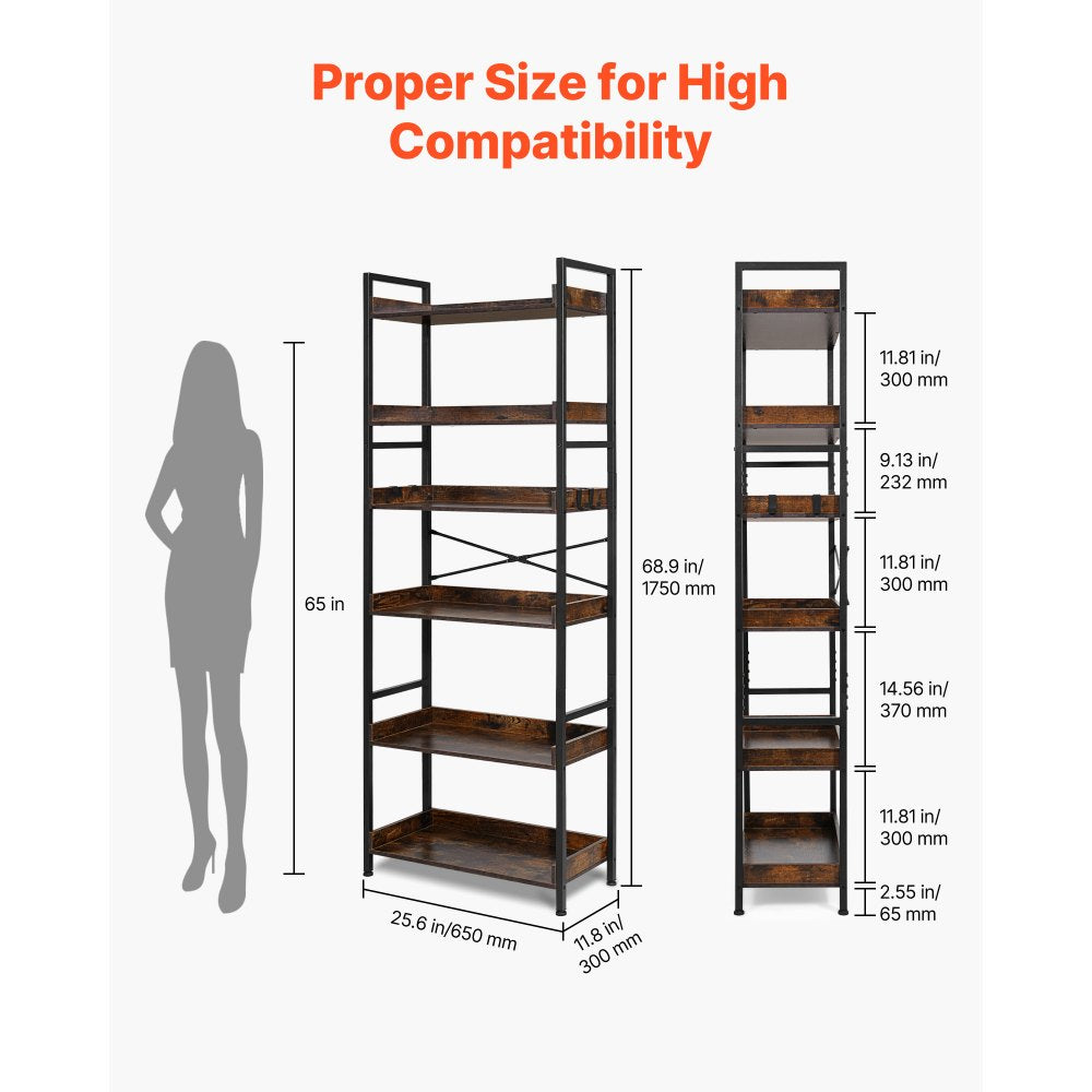 VEVOR Industrial Bookshelf, 6-Tier, Vintage Ladder Shelf Bookshelves and Bookcases, with Metal Frame, Book Organizer with Open Shelves, for Living Room, Bedroom, Kitchen, Home Office, Rustics Brown