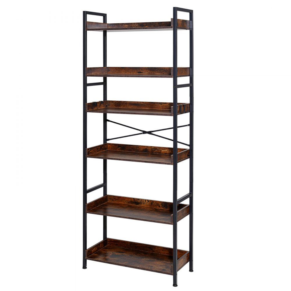 VEVOR Industrial Bookshelf, 6-Tier, Vintage Ladder Shelf Bookshelves and Bookcases, with Metal Frame, Book Organizer with Open Shelves, for Living Room, Bedroom, Kitchen, Home Office, Rustics Brown