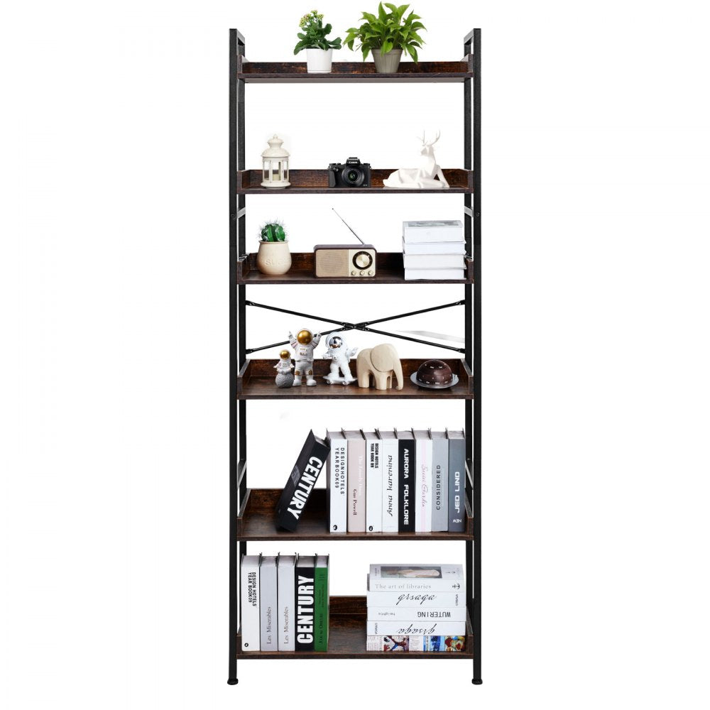 VEVOR Industrial Bookshelf, 6-Tier, Vintage Ladder Shelf Bookshelves and Bookcases, with Metal Frame, Book Organizer with Open Shelves, for Living Room, Bedroom, Kitchen, Home Office, Rustics Brown
