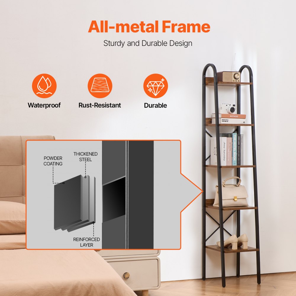 VEVOR Metal Bookshelf, 5-Tier Industrial Bookshelf, Tall Narrow Rustic Vintage Storage Bookcase with Open Shelves, Freestanding Display Shelving Unit Storage Rack, for Living room, Bedroom & Office