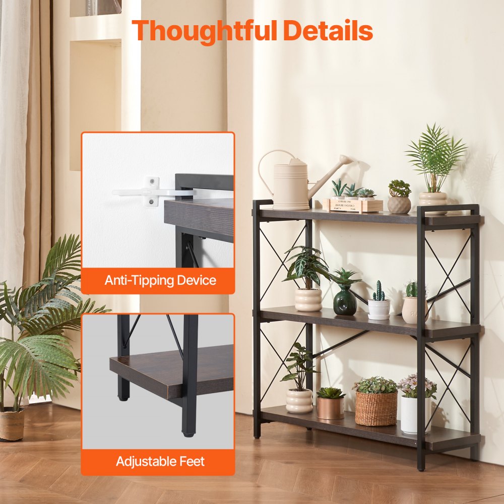 VEVOR Metal Bookshelf, 3-Tier Industrial Bookshelf, Small Rustic Storage Display Bookcase with Open Shelves, Freestanding Display Vintage Shelving Unit Storage Rack, for Living room, Bedroom & Office