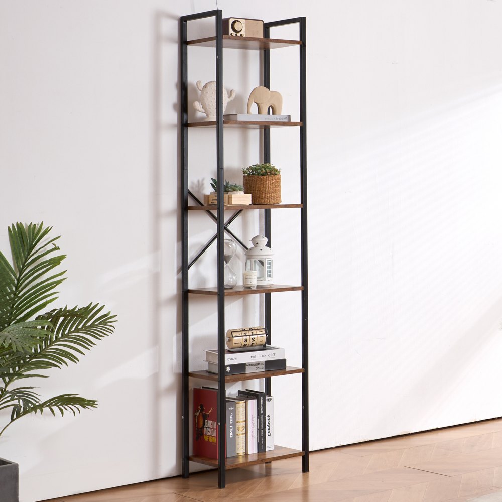 VEVOR Metal Bookshelf, 6-Tier Industrial Bookcase, Tall Narrow Rustic Vintage Storage Bookshelf with Open Shelves, Freestanding Display Shelving Unit Storage Rack, for Living room, Bedroom & Office