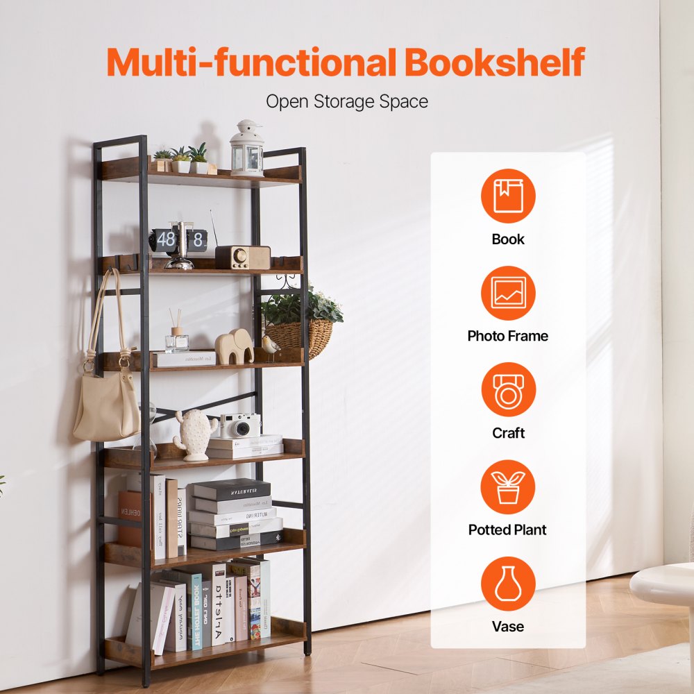 VEVOR Metal Bookshelf, 6-Tier Industrial Bookshelf, Tall Wide Rustic Vintage Storage Bookcase with Open Shelves, Freestanding Display Shelving Unit Storage Rack, for Living room, Bedroom & Office
