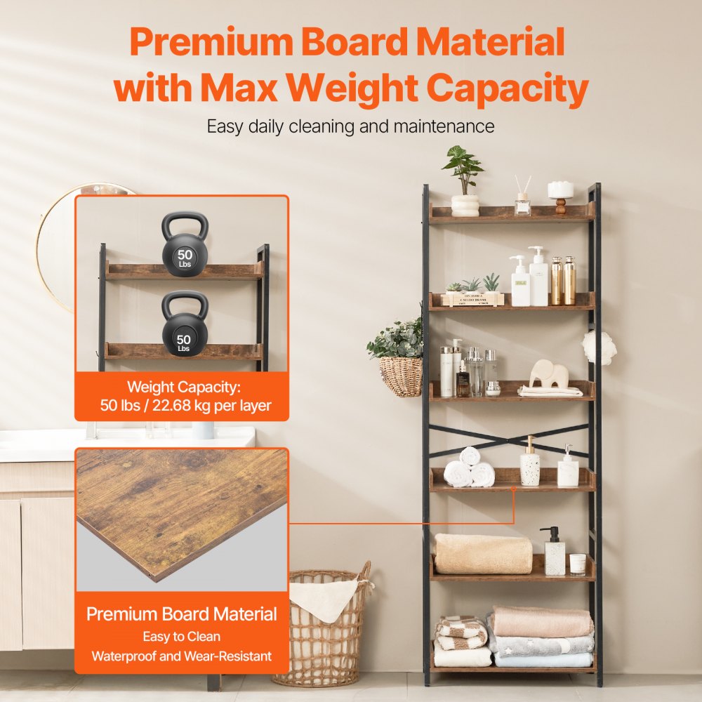 VEVOR Metal Bookshelf, 6-Tier Industrial Bookshelf, Tall Wide Rustic Vintage Storage Bookcase with Open Shelves, Freestanding Display Shelving Unit Storage Rack, for Living room, Bedroom & Office