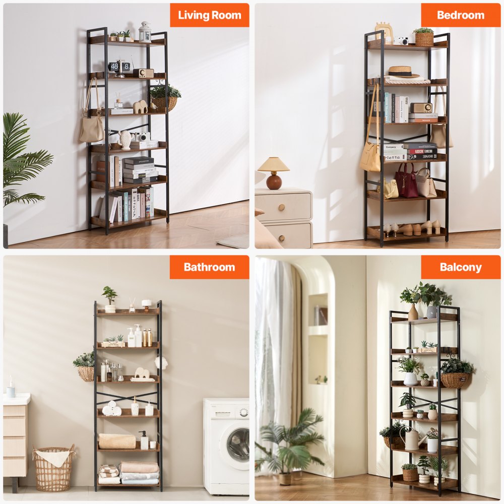 VEVOR Metal Bookshelf, 6-Tier Industrial Bookshelf, Tall Wide Rustic Vintage Storage Bookcase with Open Shelves, Freestanding Display Shelving Unit Storage Rack, for Living room, Bedroom & Office