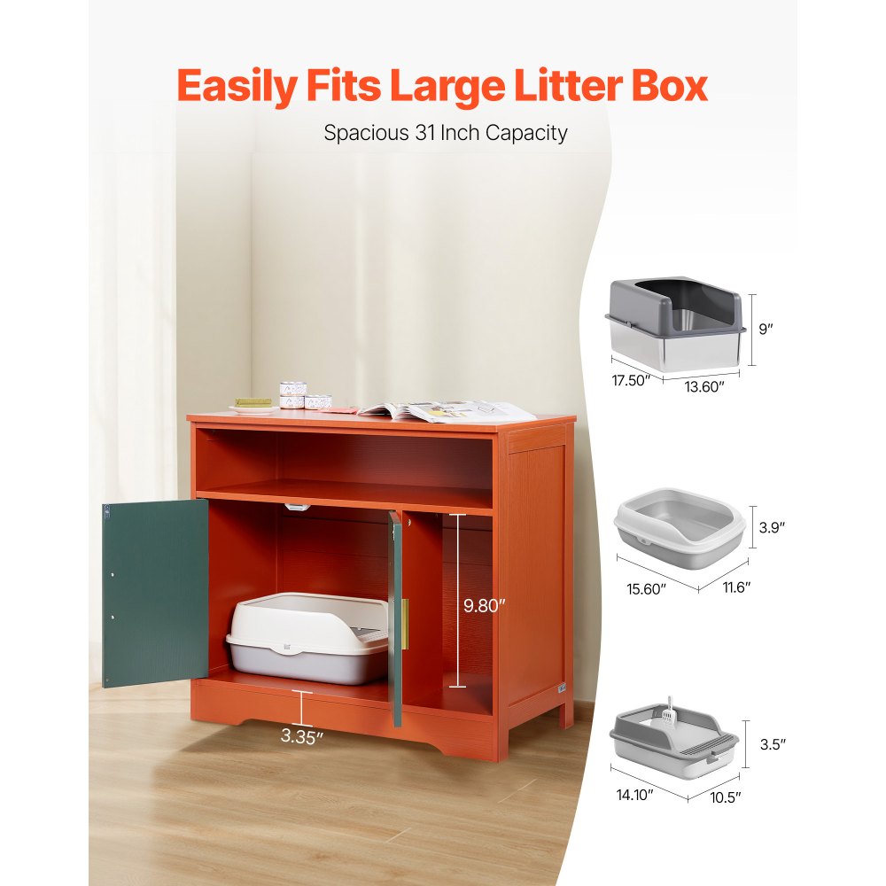 VEVOR Cat Litter Box Enclosure, 31 in Hidden Litter Box Cabinet with Shelf & Storage, Modern Style Indoor Cat Washroom, Wooden Kitty House Furniture End Table, Fit Most Litterboxes, Red & Green