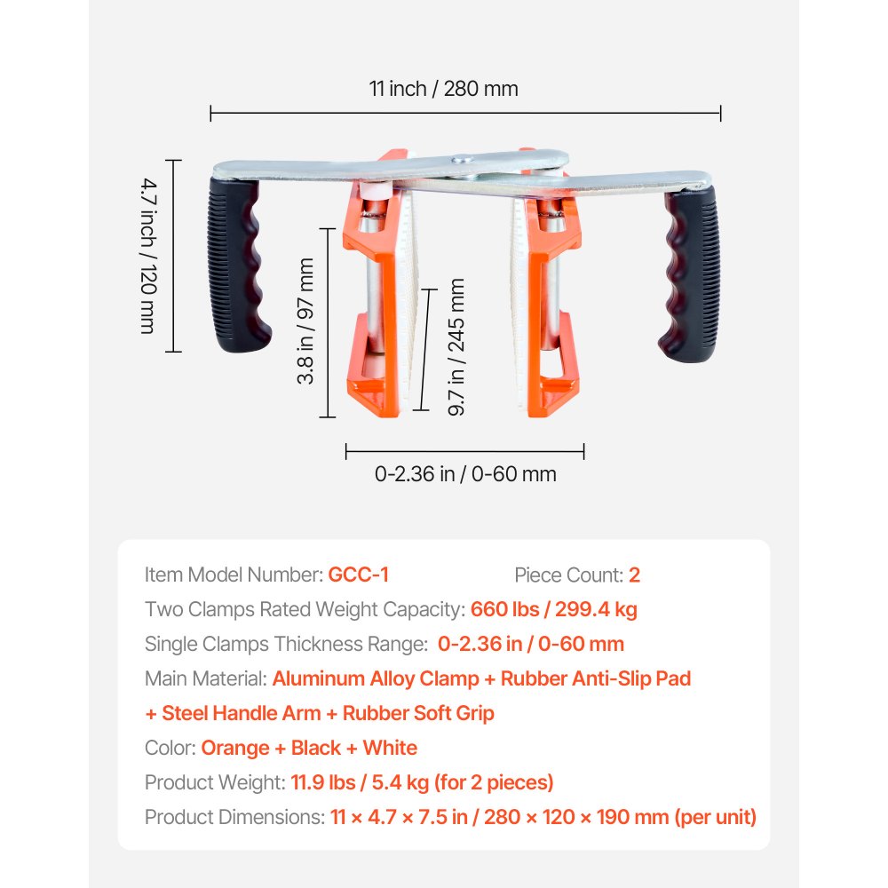 VEVOR Double Handed Stone Carrying Clamps, 660 lbs Load Capacity, 2 Pack Granite Panel Carriers Lifting Tools with Rubber-lined (0-2.36 Inches), Heavy Duty lifting Clamps for Plywood, Glass, Granite