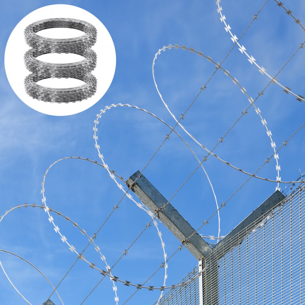 VEVOR Razor Wires, 147 ft Razor Barbed Wire, 3 Rolls Razor Wire Fencing Razor Fence, Razor Ribbon Barbed Wire Galvanized Razor Wire Fence, Rolls Razor for Garden