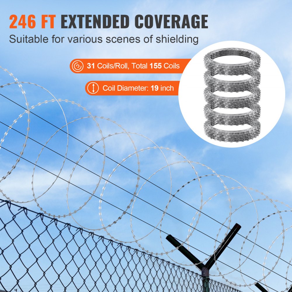 VEVOR Razor Wires, 246 ft Razor Barbed Wire, 5 Rolls Razor Wire Fencing Razor Fence, Razor Ribbon Barbed Wire Galvanized Razor Wire Fence, Rolls Razor for Garden