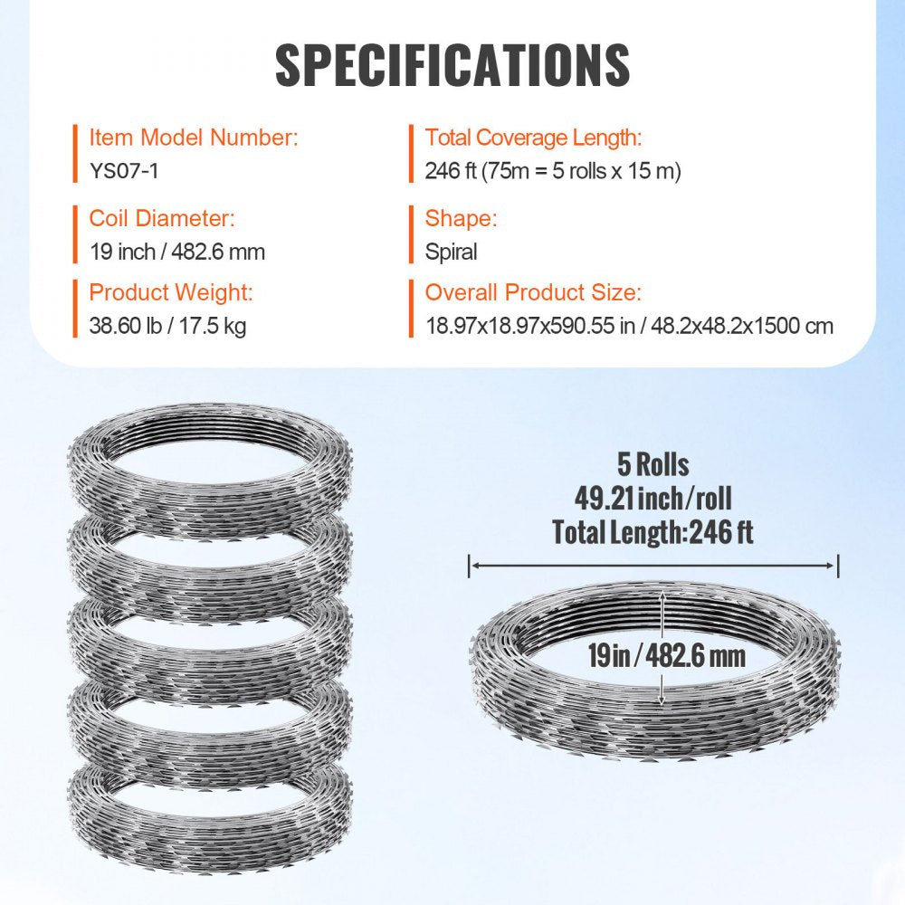 VEVOR Razor Wires, 246 ft Razor Barbed Wire, 5 Rolls Razor Wire Fencing Razor Fence, Razor Ribbon Barbed Wire Galvanized Razor Wire Fence, Rolls Razor for Garden