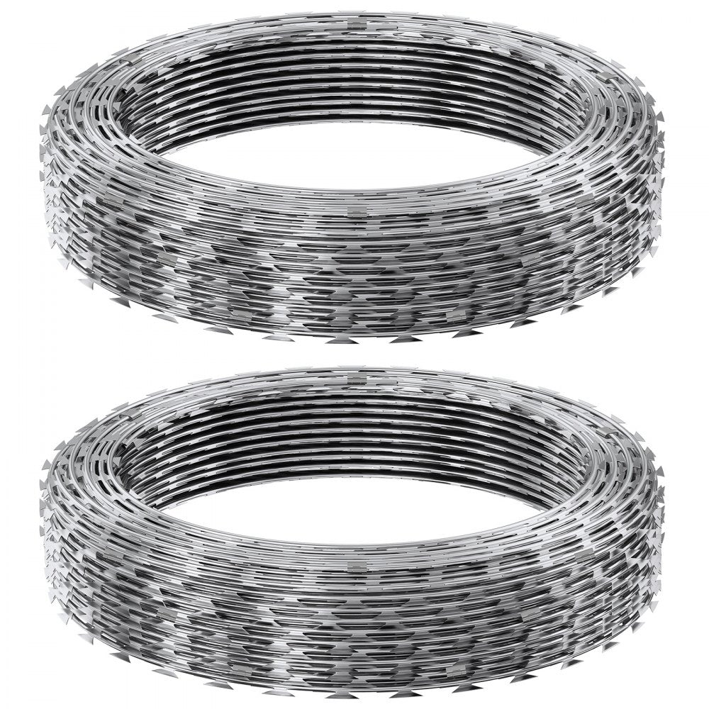 VEVOR Razor Wires, 98 ft Razor Barbed Wire, 2 Rolls Razor Wire Fencing Razor Fence, Double Spiral Razor Ribbon Barbed Wire Galvanized Razor Wire Fence, Rolls Razor for Garden