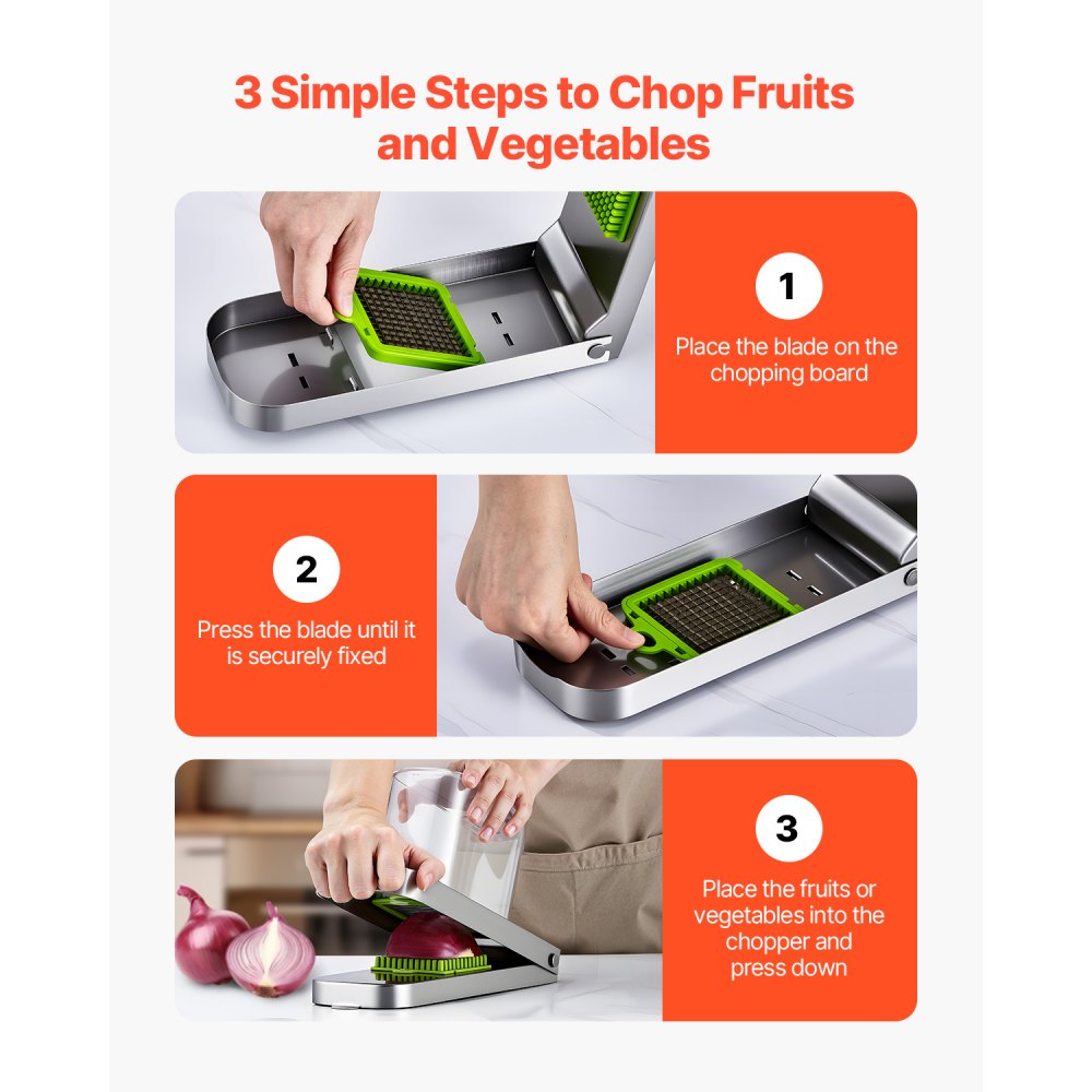 VEVOR Vegetable Chopper, Food Veggie Cutter with 3 Stainless Steel Blades, Onion Slicer with Container, Salad Potato Dicer Kitchen Gadgets & Essentials Home Appliances Tools for Easy DIY, Silver