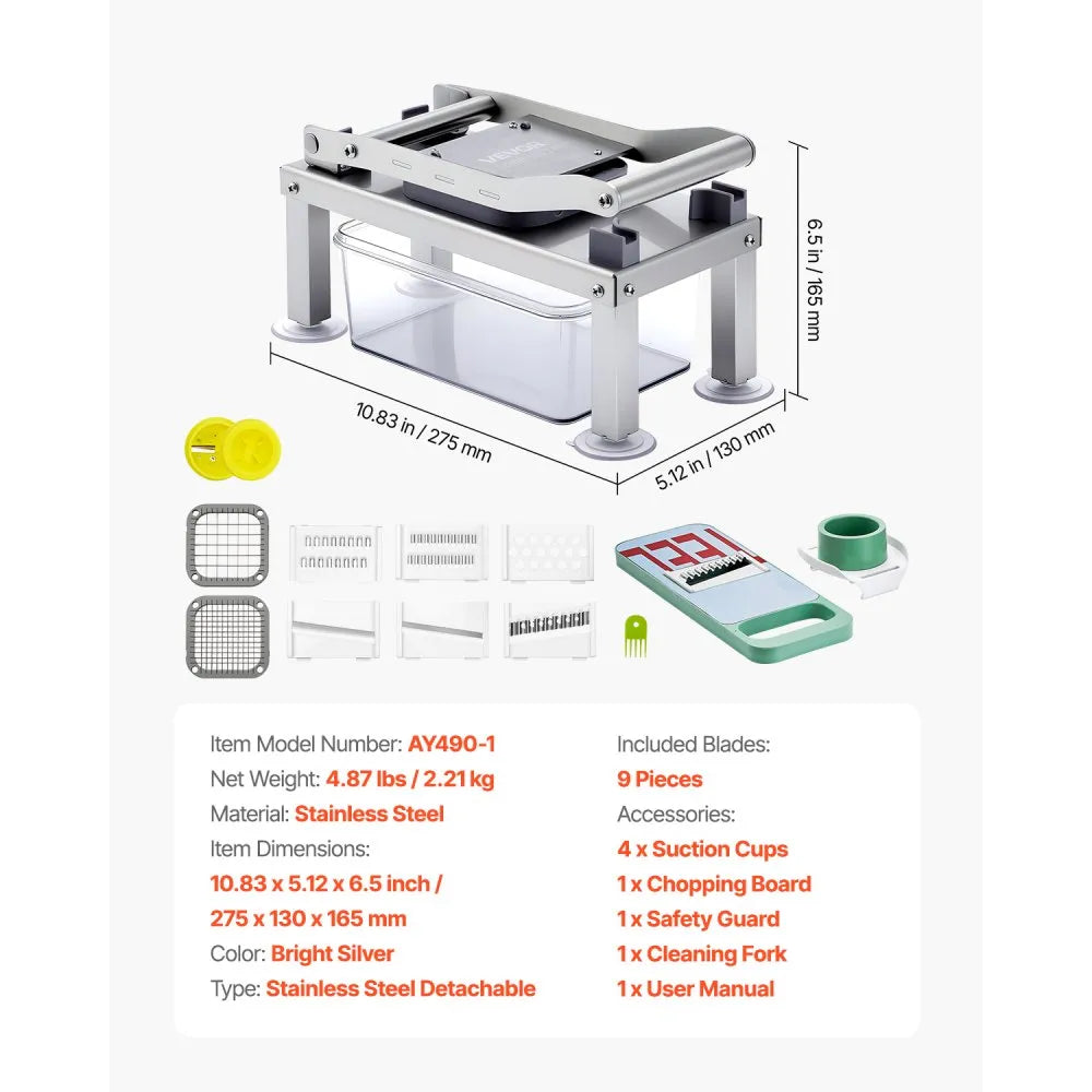 VEVOR Vegetable Chopper Mandoline Slicer, All-in-1 Food Veggie Cutter with 9 Stainless Steel Blades, Cheese Grater Onion Potato Dicer with Container,Salad Spiralizer Kitchen Gadgets&Essentials
