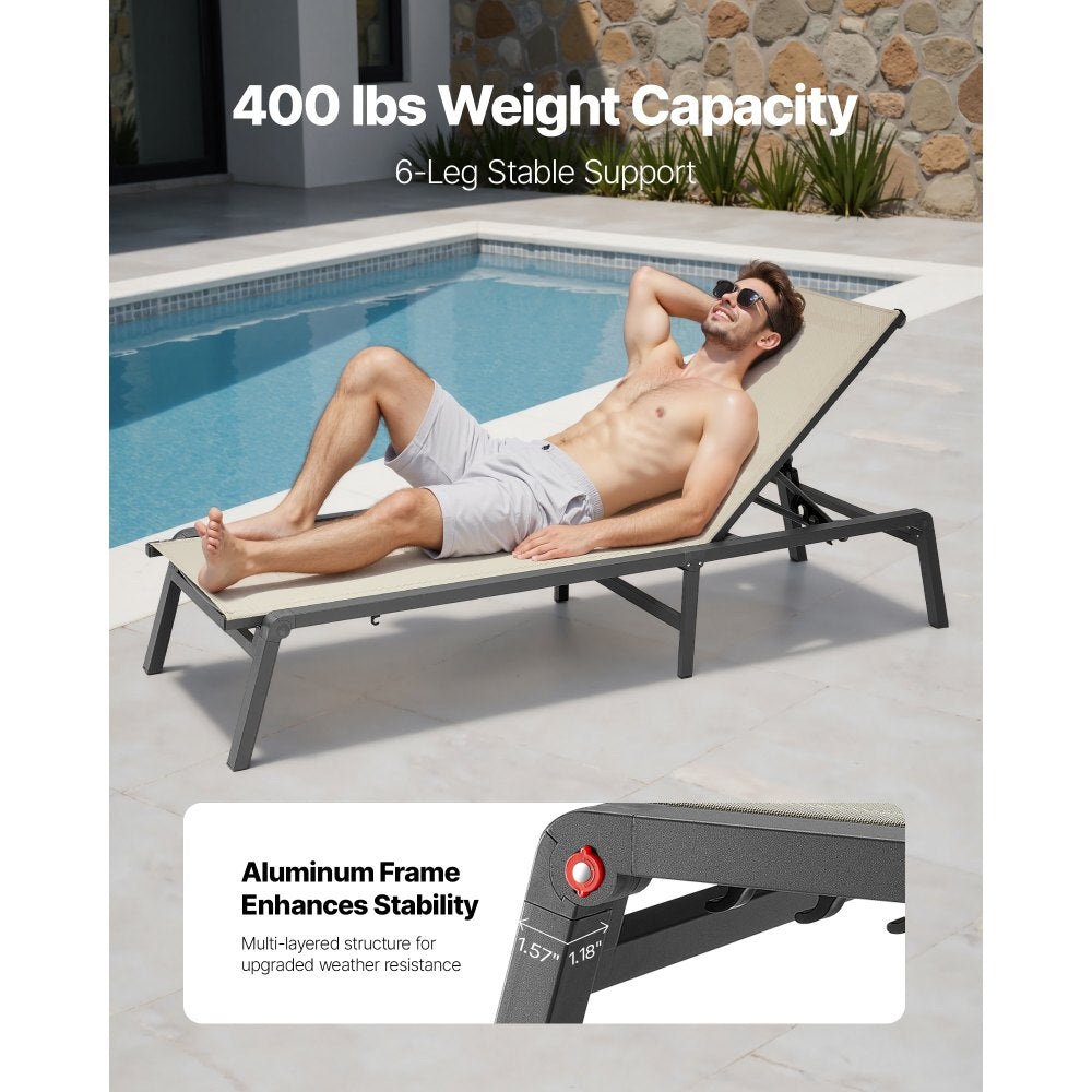 VEVOR Outdoor Chaise Lounge Chair Set of 2, 400 lbs Weight Capacity, Foldable Sun Tanning Chair, 5 Adjustable Positions, Easy Assembly, Aluminum Pool Recliner Lounge Chairs, for Beach Yard Patio