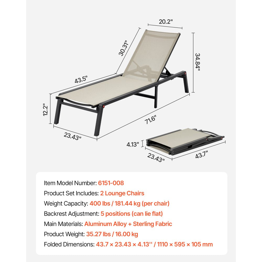 VEVOR Outdoor Chaise Lounge Chair Set of 2, 400 lbs Weight Capacity, Foldable Sun Tanning Chair, 5 Adjustable Positions, Easy Assembly, Aluminum Pool Recliner Lounge Chairs, for Beach Yard Patio
