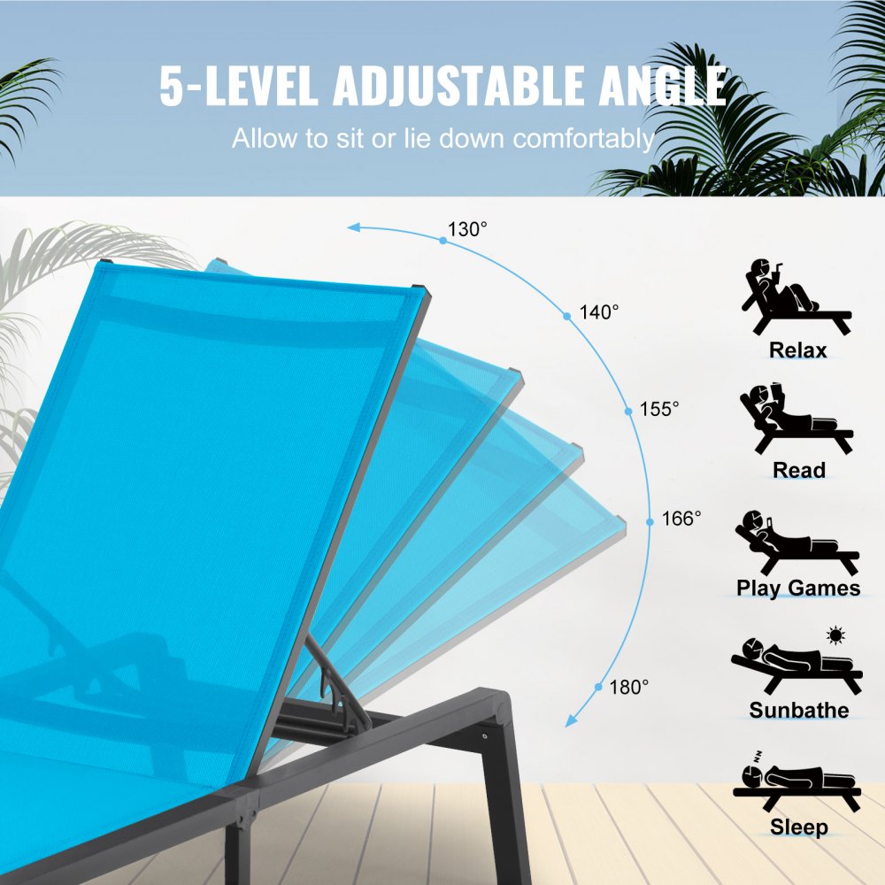 VEVOR Chaise Lounge Chair Outdoor, Aluminum Patio Lounge Chair with Adjustable 5-Position, Folding Pool Lounge Chair Recliner and Full Flat Tanning Chair for Patio, Beach, Pool, Blue