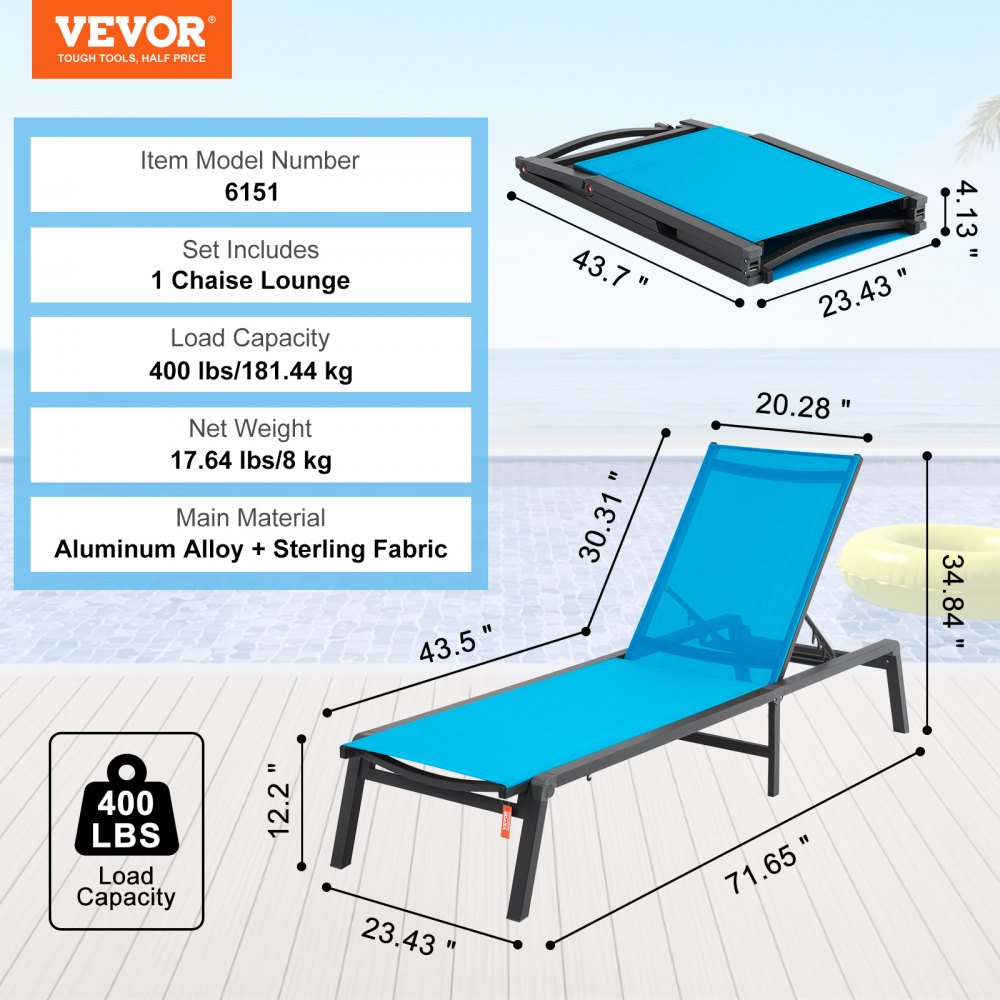 VEVOR Chaise Lounge Chair Outdoor, Aluminum Patio Lounge Chair with Adjustable 5-Position, Folding Pool Lounge Chair Recliner and Full Flat Tanning Chair for Patio, Beach, Pool, Blue