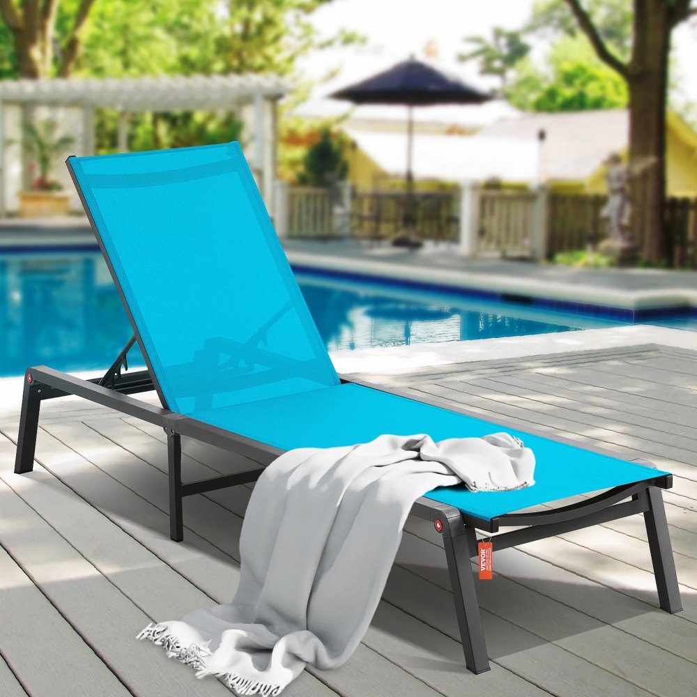 VEVOR Chaise Lounge Chair Outdoor, Aluminum Patio Lounge Chair with Adjustable 5-Position, Folding Pool Lounge Chair Recliner and Full Flat Tanning Chair for Patio, Beach, Pool, Blue