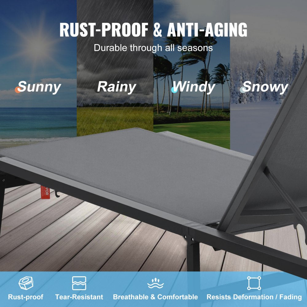 VEVOR Chaise Lounge Chair Outdoor, Aluminum Patio Lounge Chair with Adjustable 5-Position, Folding Pool Lounge Chair Recliner and Full Flat Tanning Chair for Patio, Beach, Pool, Dark Grey
