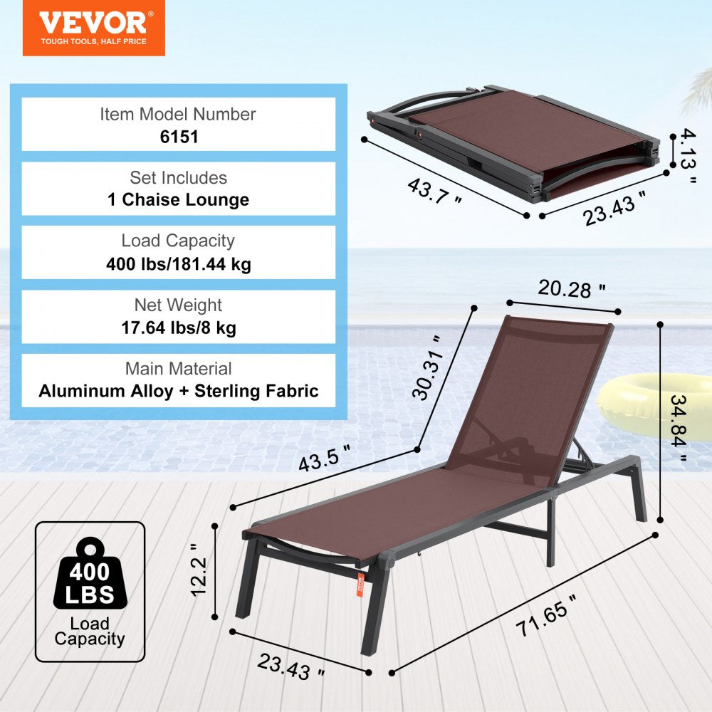 VEVOR Chaise Lounge Chair Outdoor, Aluminum Patio Lounge Chair with Adjustable 5-Position, Folding Pool Lounge Chair Recliner and Full Flat Tanning Chair for Patio, Beach, Pool, Brown