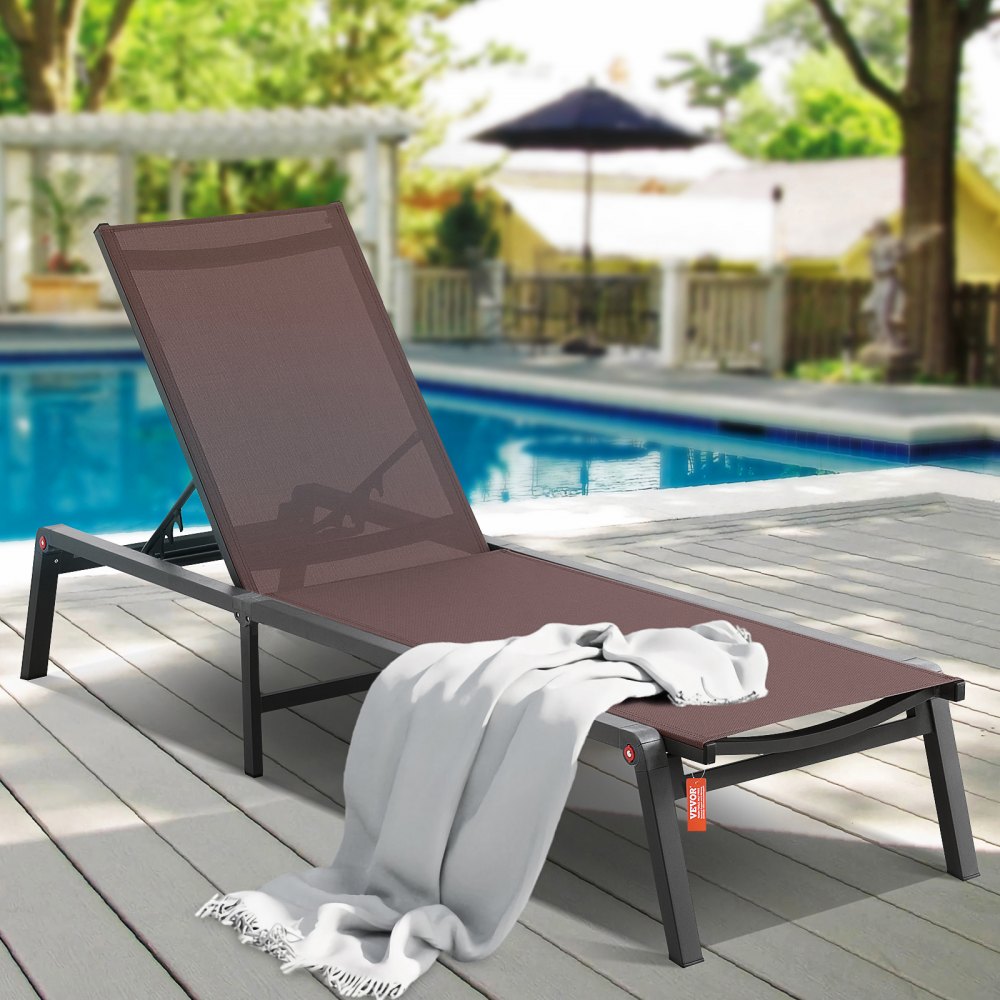 VEVOR Chaise Lounge Chair Outdoor, Aluminum Patio Lounge Chair with Adjustable 5-Position, Folding Pool Lounge Chair Recliner and Full Flat Tanning Chair for Patio, Beach, Pool, Brown