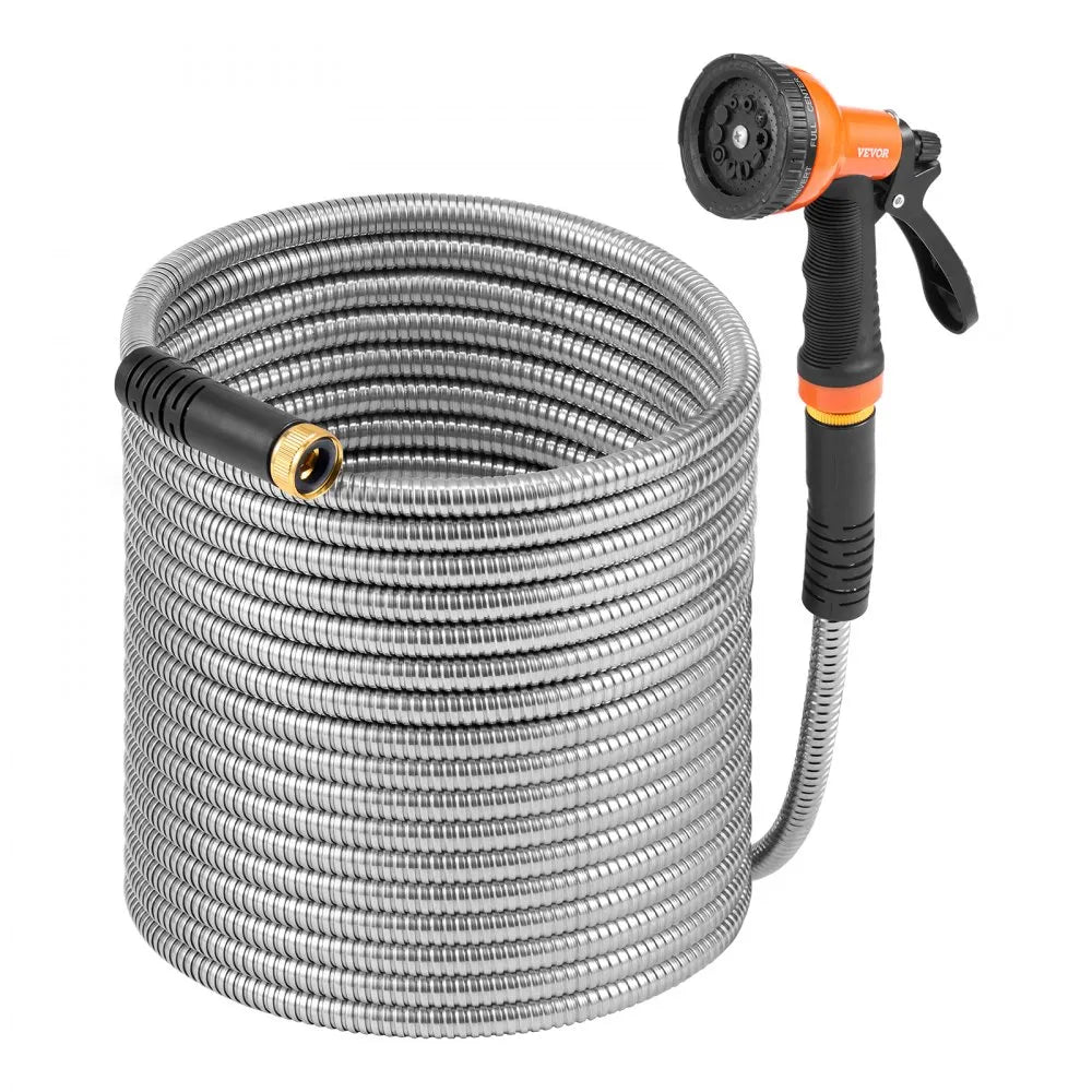 VEVOR Metal Garden Hose 100 ft, Rust Proof Stainless Steel Water Hose, Heavy Duty Backyard Hose with 10 Function Nozzle, No-Kink & Flexible Water Pipe, Lightweight Metal Hose for Yard, Outdoor