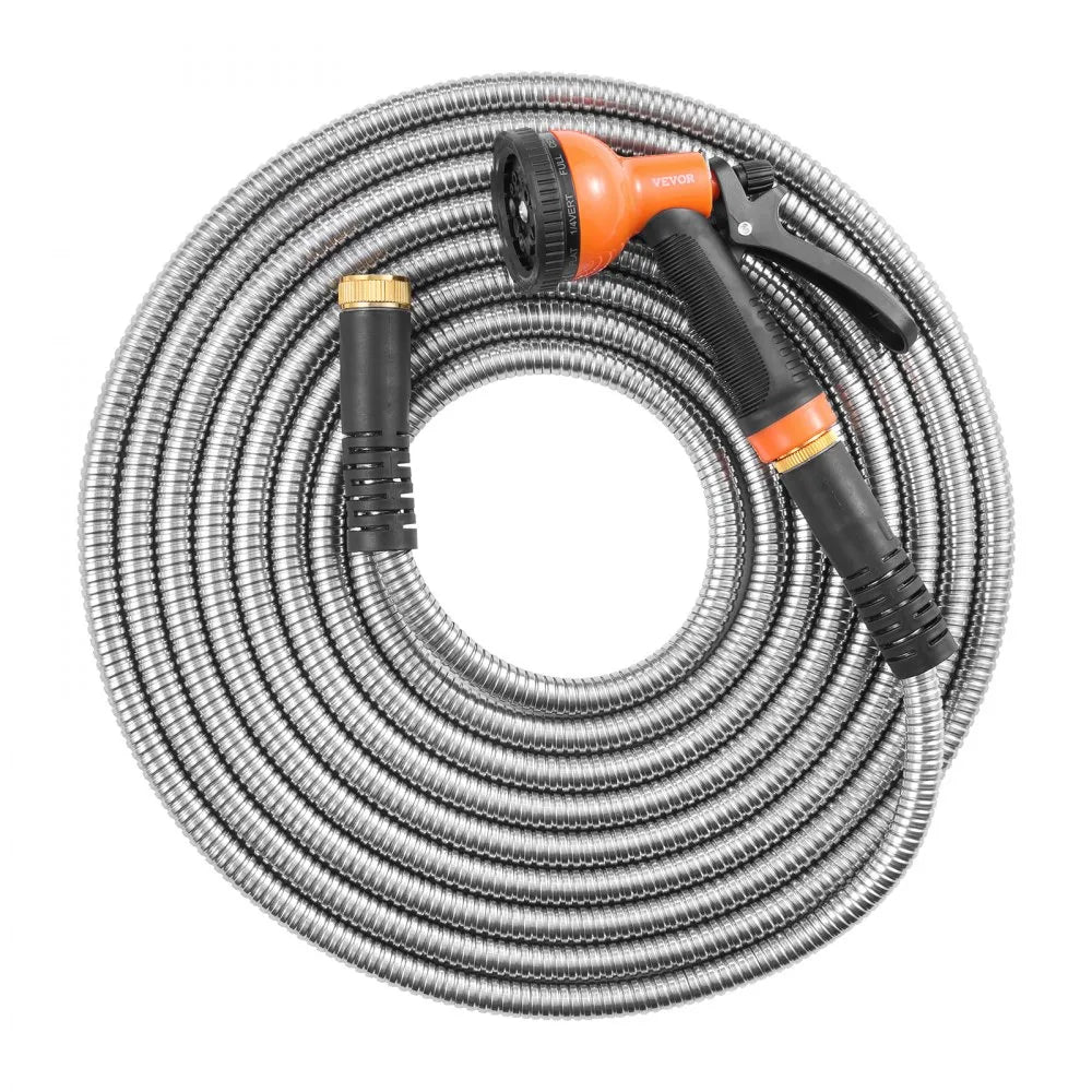 VEVOR Metal Garden Hose 25 ft, Rust Proof Stainless Steel Water Hose, Heavy Duty Backyard Hose with 10 Function Nozzle, No-Kink & Flexible Water Pipe, Lightweight Metal Hose for Yard, Outdoor