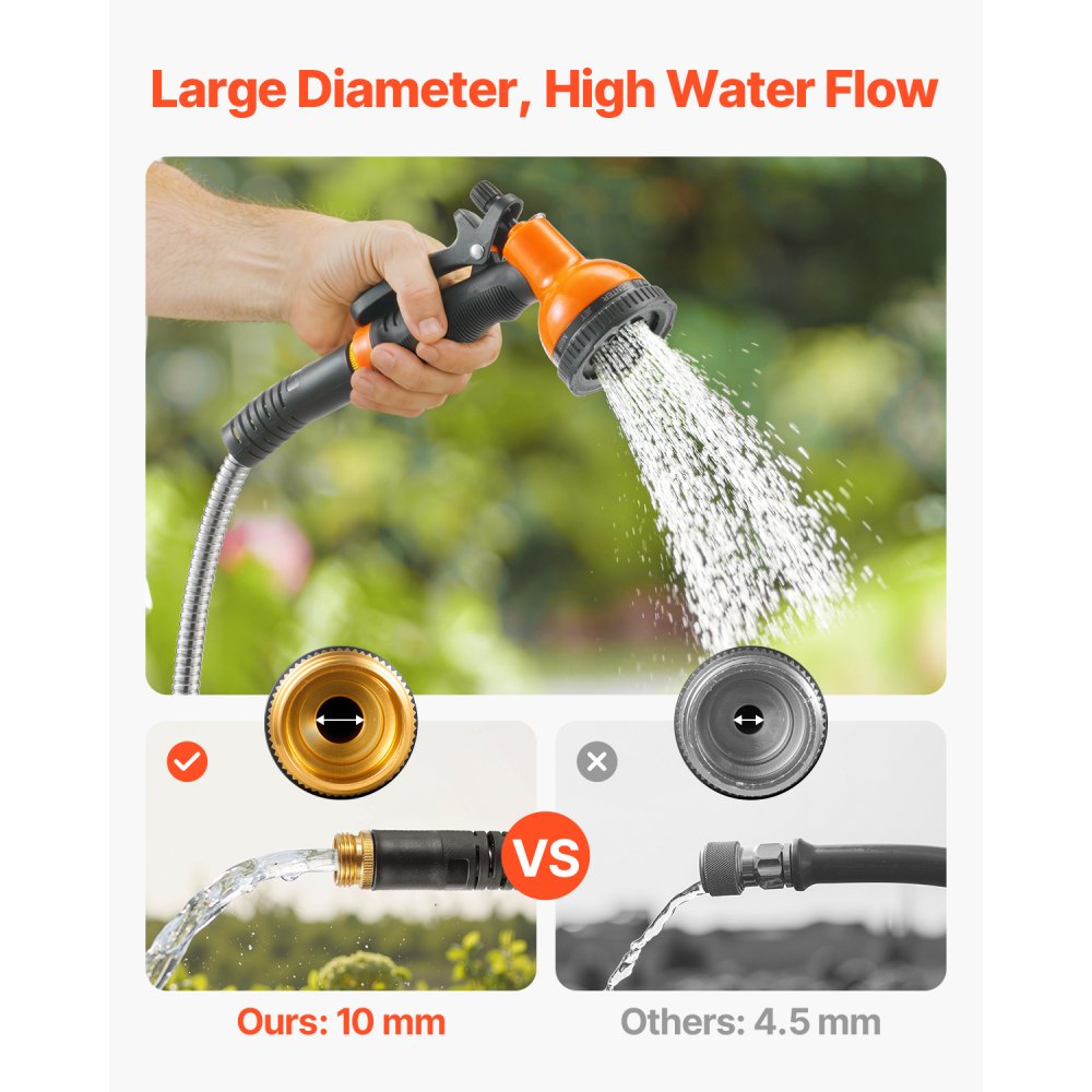 VEVOR Metal Garden Hose 50 ft, Rust Proof Stainless Steel Water Hose, Heavy Duty Backyard Hose with 10 Function Nozzle, No-Kink & Flexible Water Pipe, Lightweight Metal Hose for Yard, Outdoor