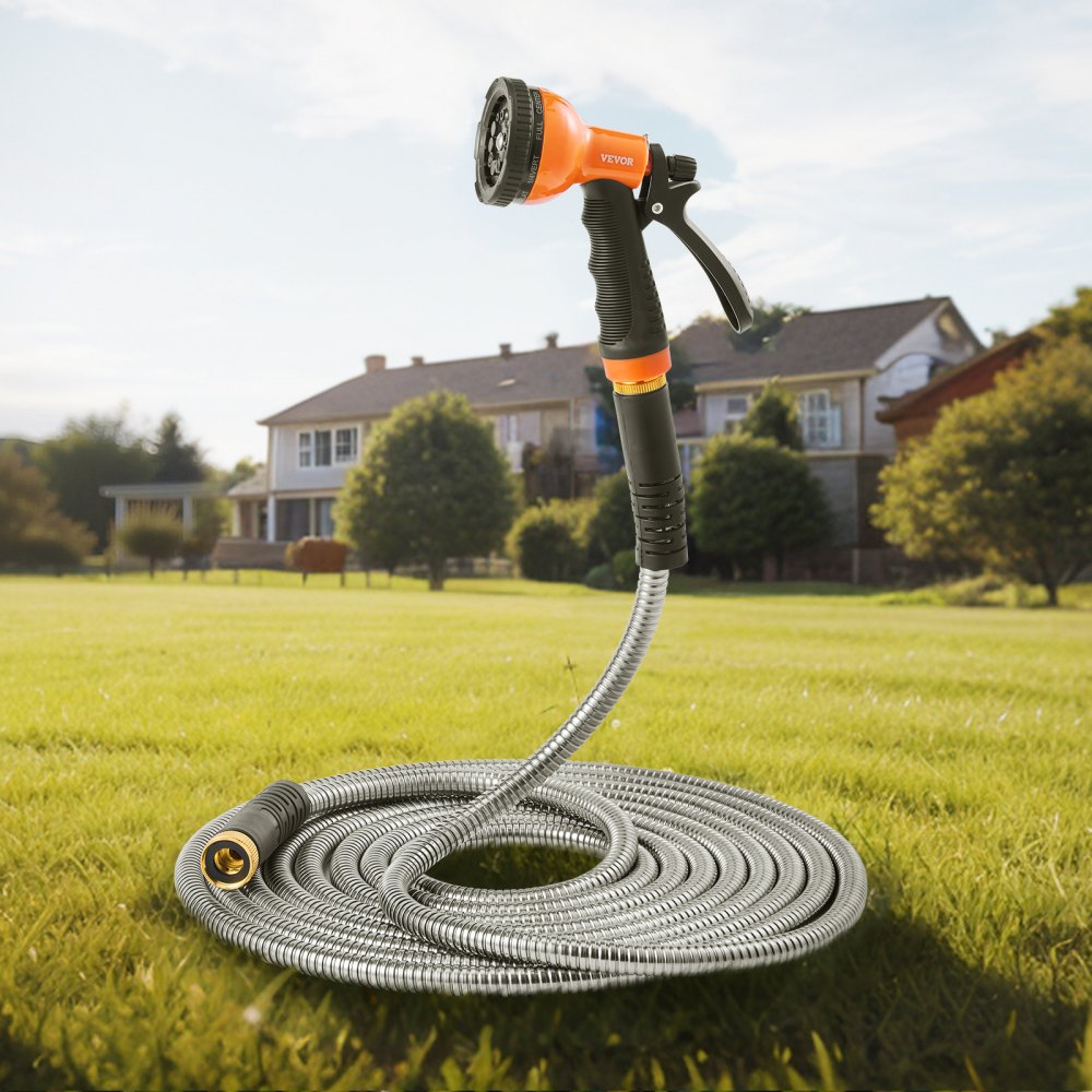 VEVOR Metal Garden Hose 50 ft, Rust Proof Stainless Steel Water Hose, Heavy Duty Backyard Hose with 10 Function Nozzle, No-Kink & Flexible Water Pipe, Lightweight Metal Hose for Yard, Outdoor