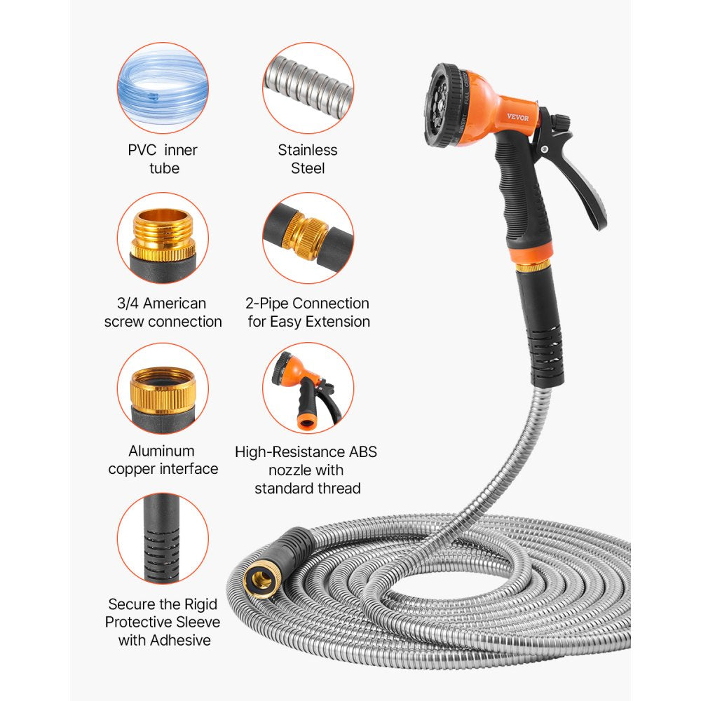 VEVOR Metal Garden Hose 75 ft, Rust Proof Stainless Steel Water Hose, Heavy Duty Backyard Hose with 10 Function Nozzle, No-Kink & Flexible Water Pipe, Lightweight Metal Hose for Yard, Outdoor