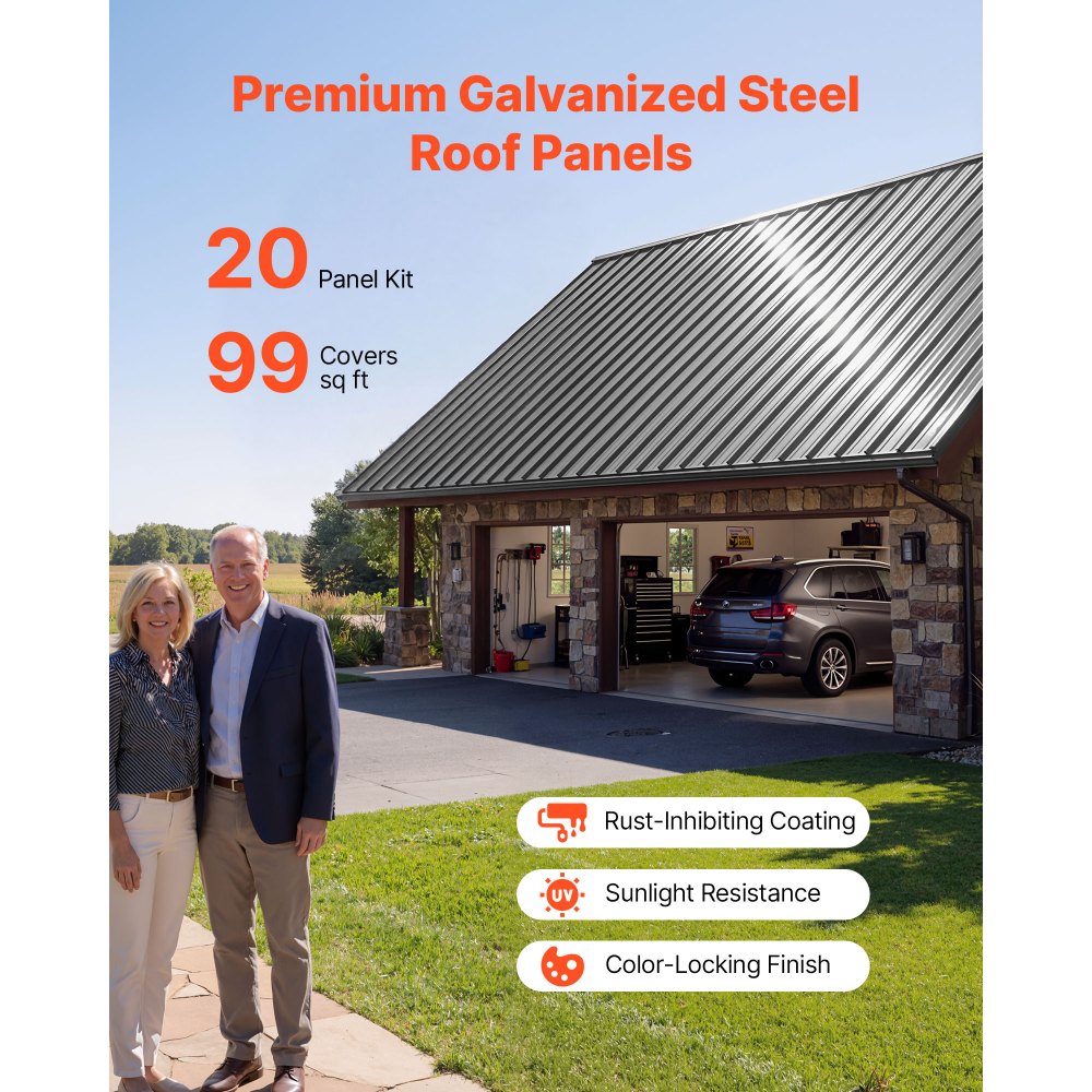 VEVOR Metal Roof Panels, 20Pcs 99 sq.ft. Galvanized Steel Roofing Panels, High Impact Corrugated Tin Gazebo Top with Screws, Gloves, Heavy Duty for Gazebos, Chicken Coop Sheds Stables Patio, Gray