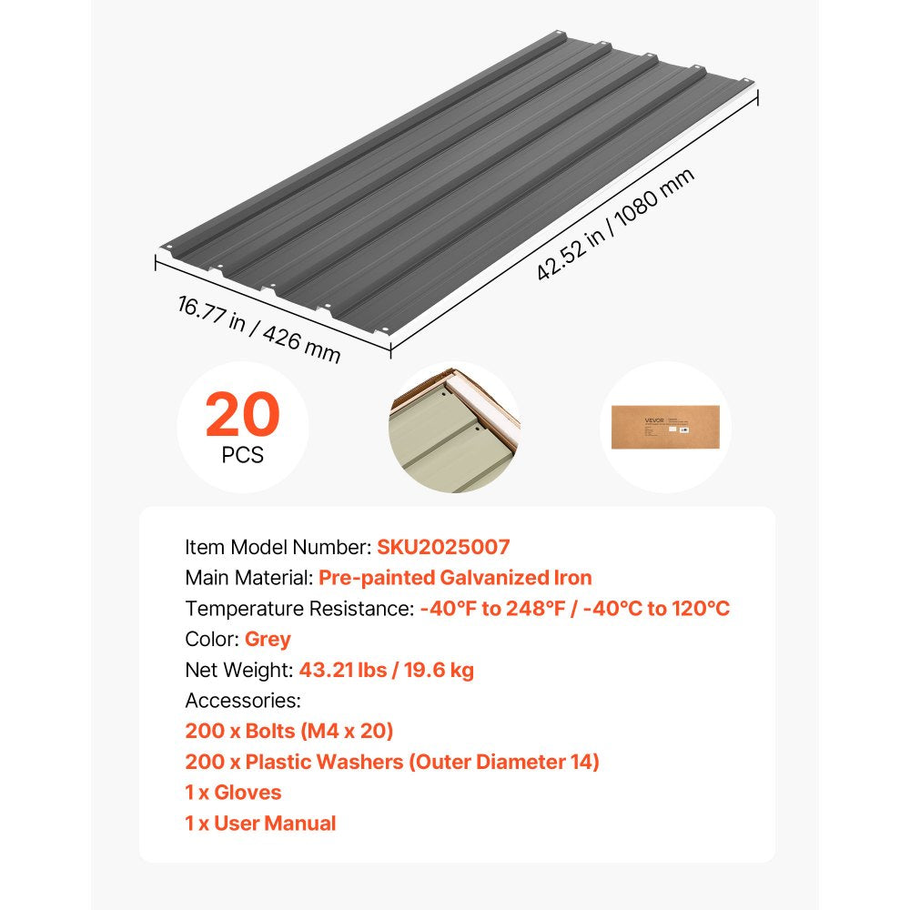 VEVOR Metal Roof Panels, 20Pcs 99 sq.ft. Galvanized Steel Roofing Panels, High Impact Corrugated Tin Gazebo Top with Screws, Gloves, Heavy Duty for Gazebos, Chicken Coop Sheds Stables Patio, Gray