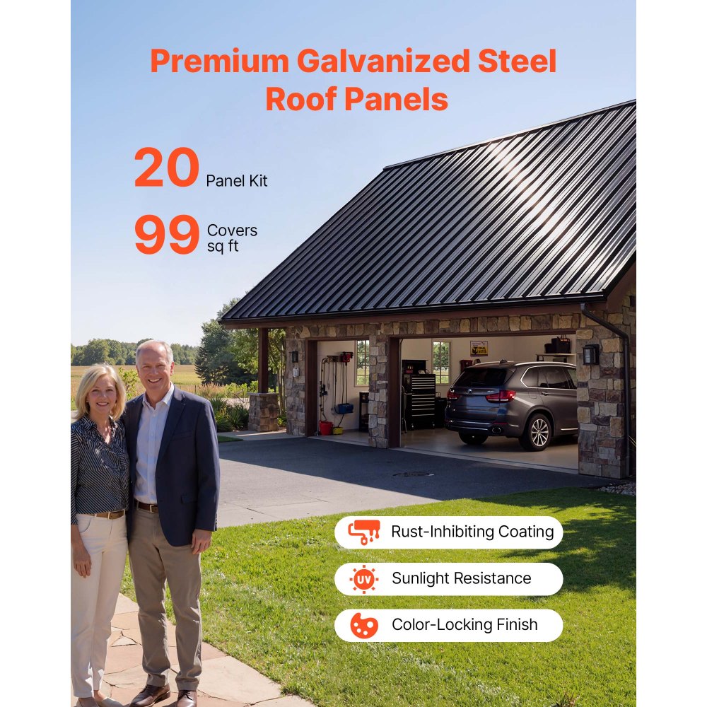 VEVOR Metal Roof Panels, 20Pcs 99 sq.ft. Galvanized Steel Roofing Panels, High Impact Corrugated Tin Gazebo Top with Screws, Gloves, Heavy Duty for Gazebos, Chicken Coop Sheds Stables Patio, Black