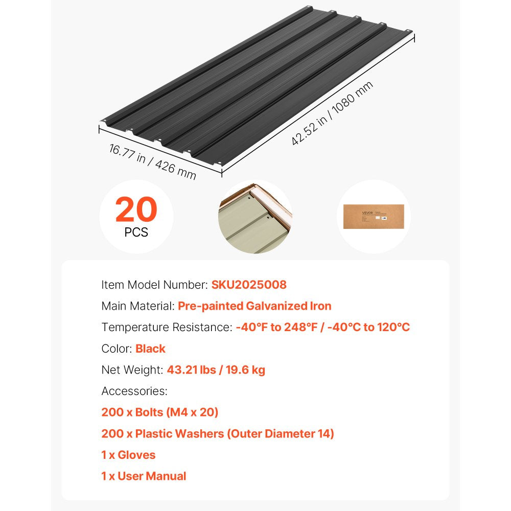 VEVOR Metal Roof Panels, 20Pcs 99 sq.ft. Galvanized Steel Roofing Panels, High Impact Corrugated Tin Gazebo Top with Screws, Gloves, Heavy Duty for Gazebos, Chicken Coop Sheds Stables Patio, Black