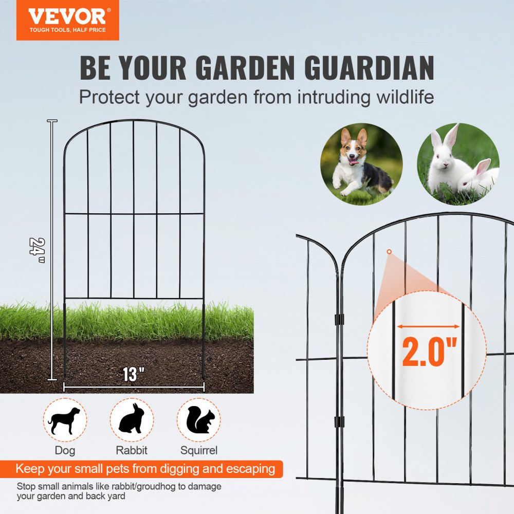 VEVOR Garden Fence, 24in(H) x30ft(L) Animal Barrier Fence, Underground Decorative Garden Fencing with 2 Inch Spike Spacing, Metal Dog Fence for the Yard and Outdoor Patio, 28 Pack