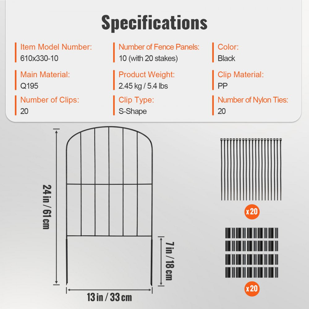 VEVOR Garden Fence, 24in(H) x11ft(L) Animal Barrier Fence, Underground Decorative Garden Fencing with 2 Inch Spike Spacing, Metal Dog Fence for the Yard and Outdoor Patio, 10 Pack