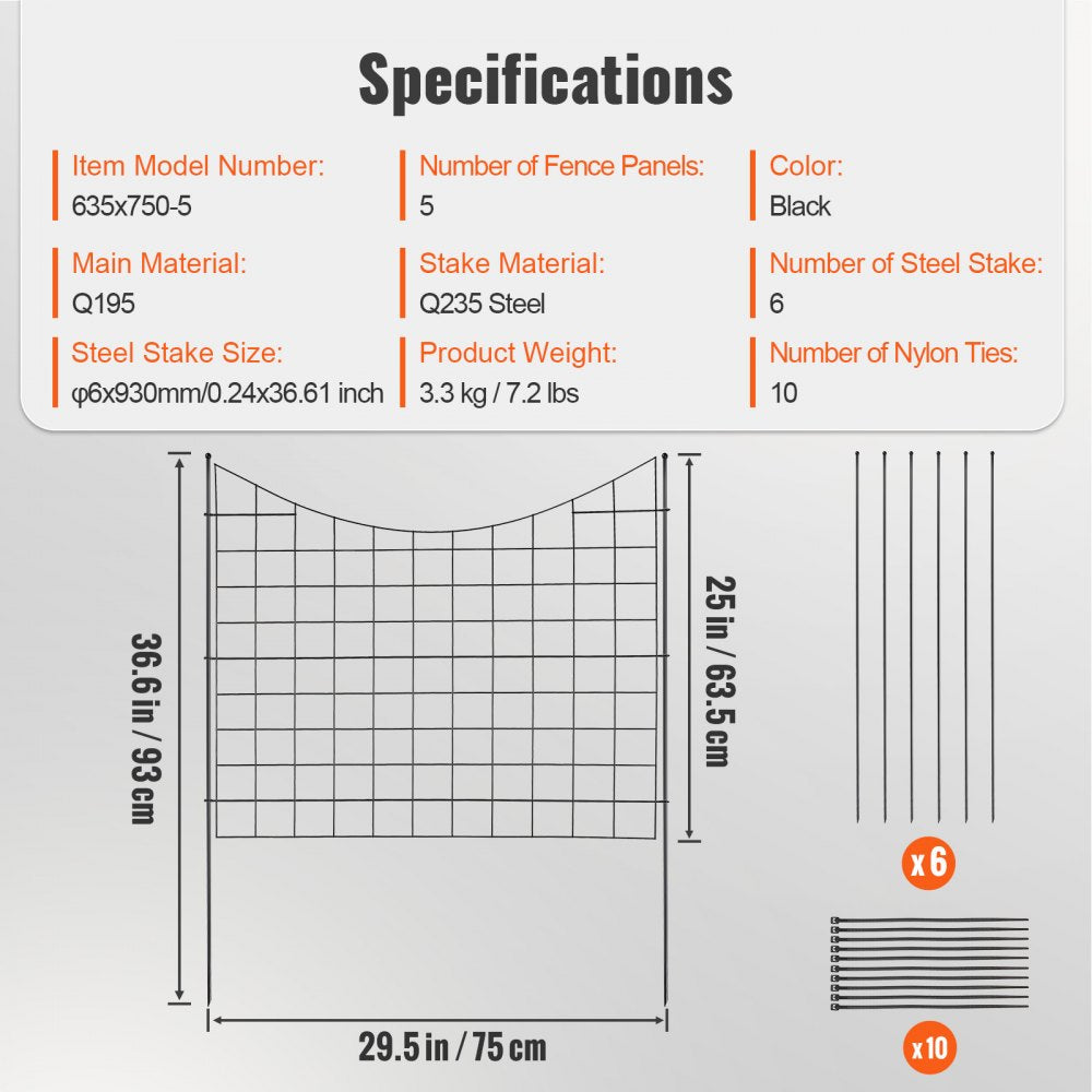 VEVOR Garden Fence, 36.6in(H) x29.5in(L) Animal Barrier Fence, Underground Decorative Garden Fencing with 2.5 Inch Spike Spacing, Metal Dog Fence for the Yard and Outdoor Patio, 5 Pack