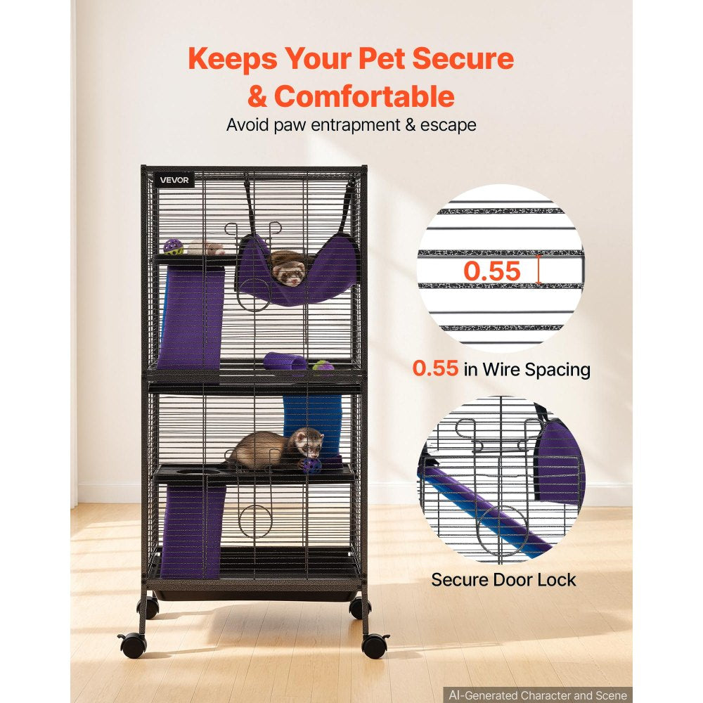 VEVOR Metal Small Animal Cage 44.5"H 4-Tier Rolling Ferret Cage On Wheels, 0.55" Wire Spacing Large Cages with Hammock, Ramps, Tray & Doors for Ferret, Chinchilla, Sugar Glider, Guinea Pig & Rabbit