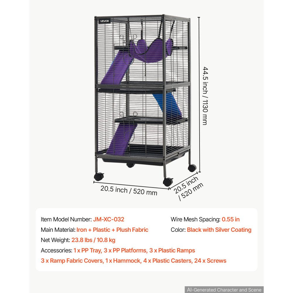 VEVOR Metal Small Animal Cage 44.5"H 4-Tier Rolling Ferret Cage On Wheels, 0.55" Wire Spacing Large Cages with Hammock, Ramps, Tray & Doors for Ferret, Chinchilla, Sugar Glider, Guinea Pig & Rabbit