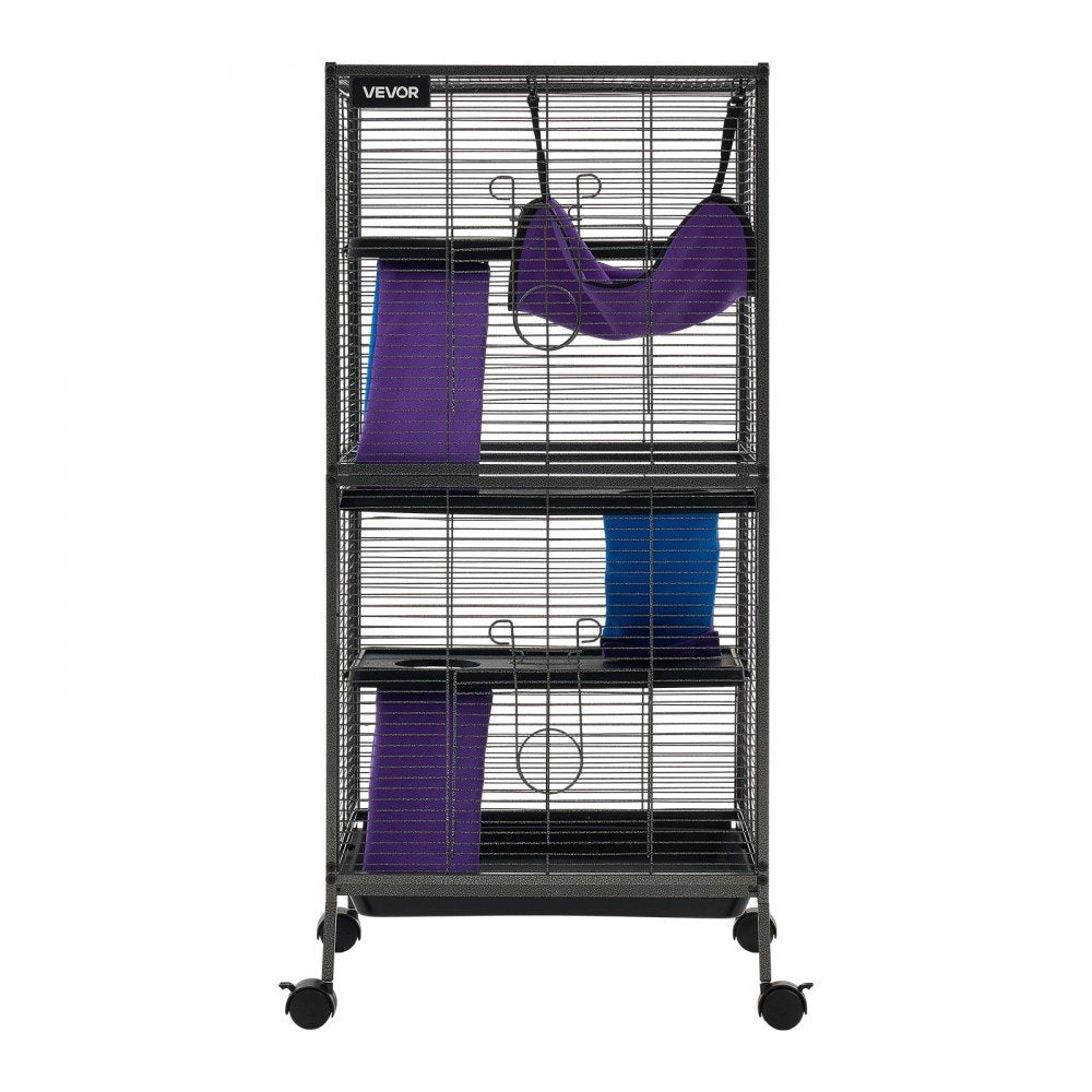 VEVOR Metal Small Animal Cage 44.5"H 4-Tier Rolling Ferret Cage On Wheels, 0.55" Wire Spacing Large Cages with Hammock, Ramps, Tray & Doors for Ferret, Chinchilla, Sugar Glider, Guinea Pig & Rabbit