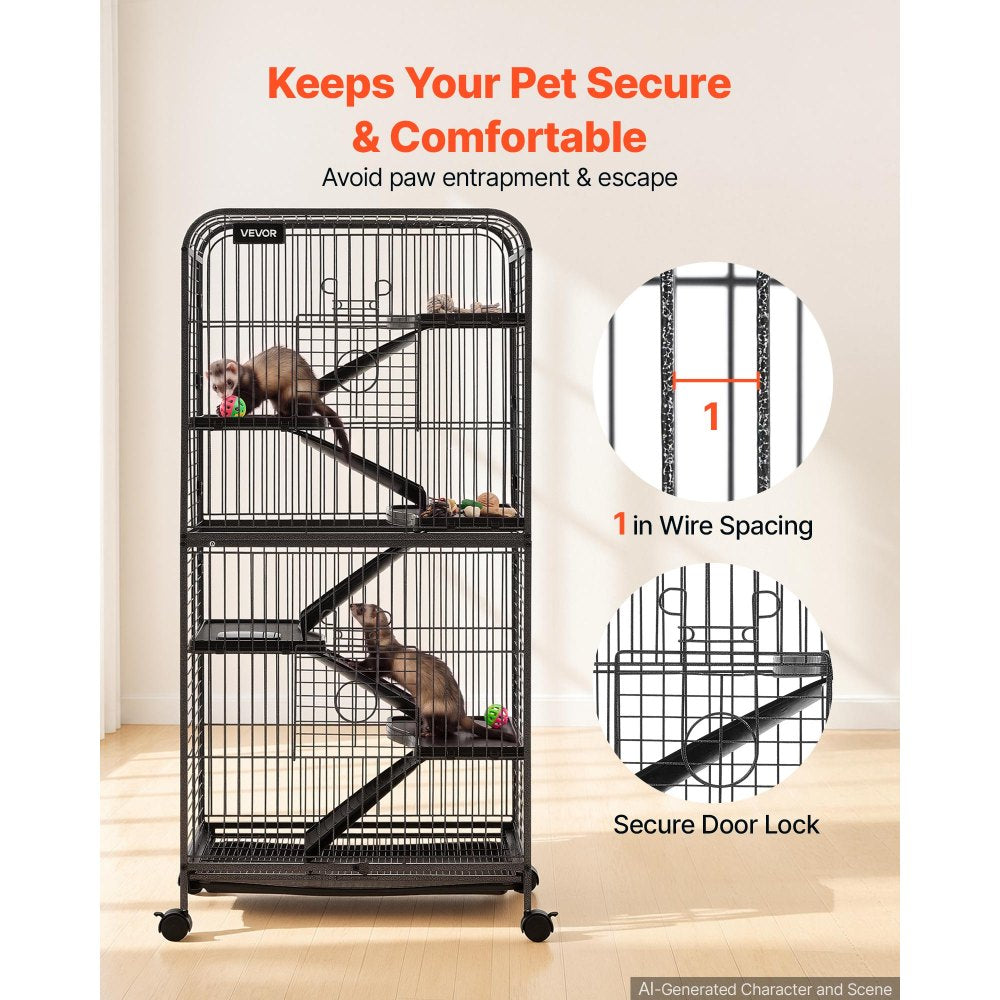 VEVOR Metal Small Animal Cage 52.4"H 6-Tier Rolling Ferret Cage On Wheels, 1" Wire Spacing Large Cages with Ramps, Platform, Tray & Doors for Ferrets, Chinchillas, Sugar Gliders, Small Cats & Rabbits