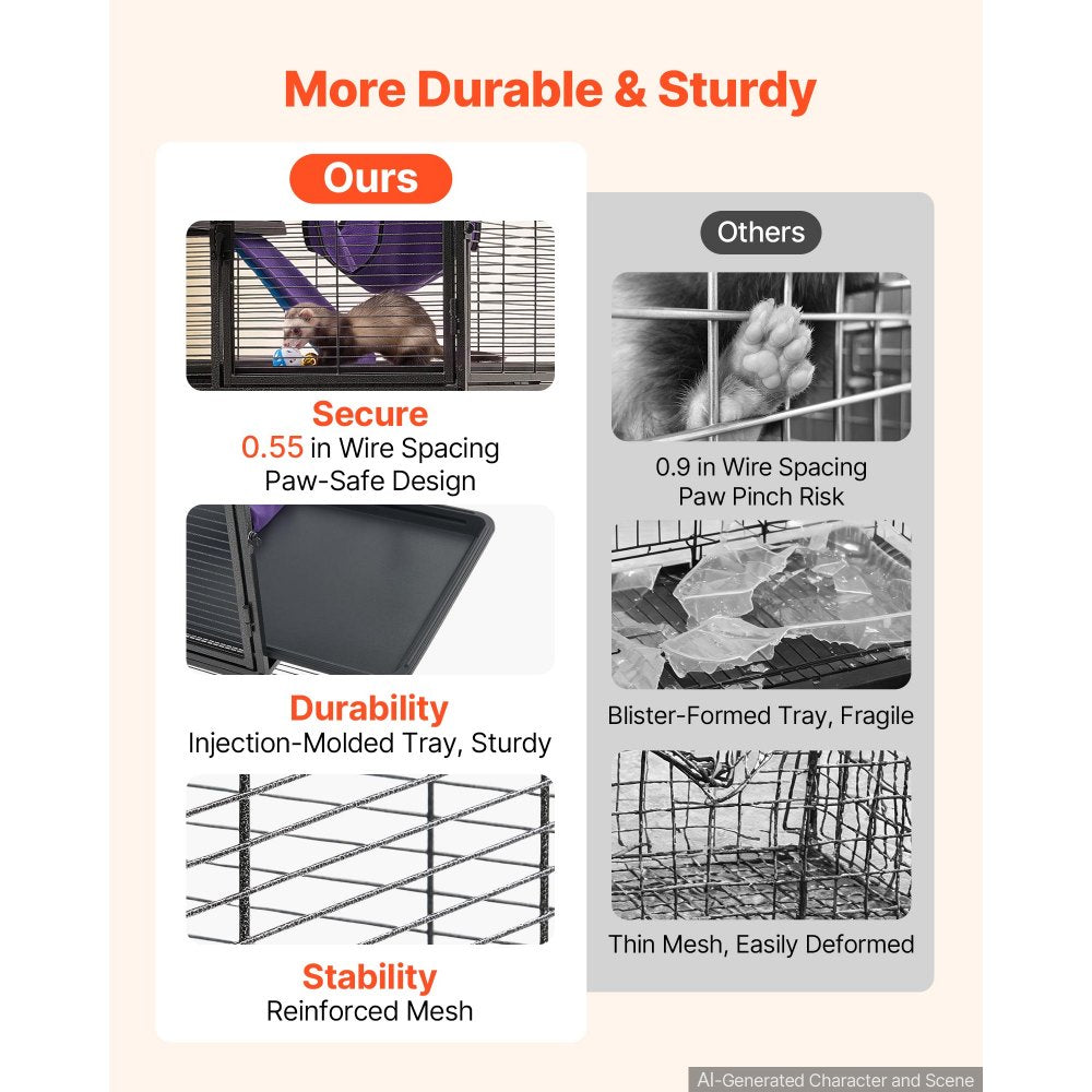 VEVOR Metal Small Animal Cage 51.2"H 4-Tier Rolling Ferret Cage On Wheels, 0.55" Wire Spacing Large Cages with Hammock, Ramps, Tray & Doors for Ferret, Chinchilla, Sugar Glider, Guinea Pig & Rabbit
