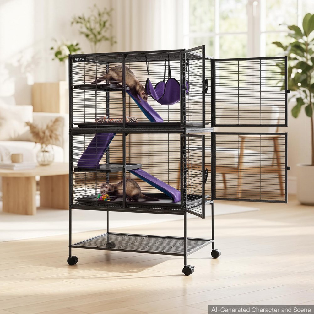 VEVOR Metal Small Animal Cage 51.2"H 4-Tier Rolling Ferret Cage On Wheels, 0.55" Wire Spacing Large Cages with Hammock, Ramps, Tray & Doors for Ferret, Chinchilla, Sugar Glider, Guinea Pig & Rabbit