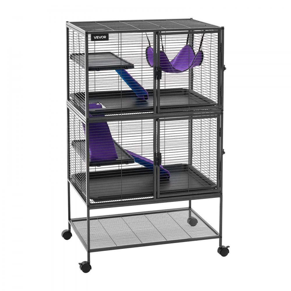 VEVOR Metal Small Animal Cage 51.2"H 4-Tier Rolling Ferret Cage On Wheels, 0.55" Wire Spacing Large Cages with Hammock, Ramps, Tray & Doors for Ferret, Chinchilla, Sugar Glider, Guinea Pig & Rabbit