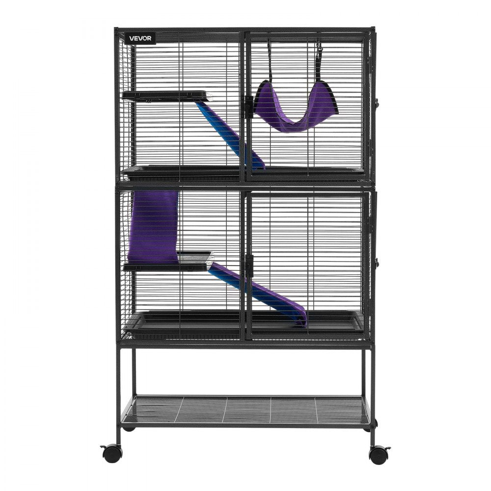 VEVOR Metal Small Animal Cage 51.2"H 4-Tier Rolling Ferret Cage On Wheels, 0.55" Wire Spacing Large Cages with Hammock, Ramps, Tray & Doors for Ferret, Chinchilla, Sugar Glider, Guinea Pig & Rabbit