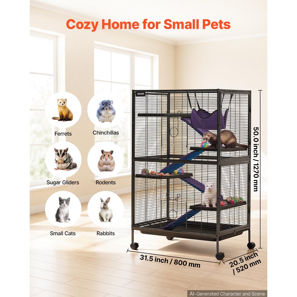 VEVOR Metal Small Animal Cage 50"H 5-Tier Rolling Ferret Cage On Wheels, 0.55" Wire Spacing Large Cages with Hammock, Ramps, Tray & Doors for Ferret, Chinchilla, Sugar Glider, Guinea Pig & Rabbit